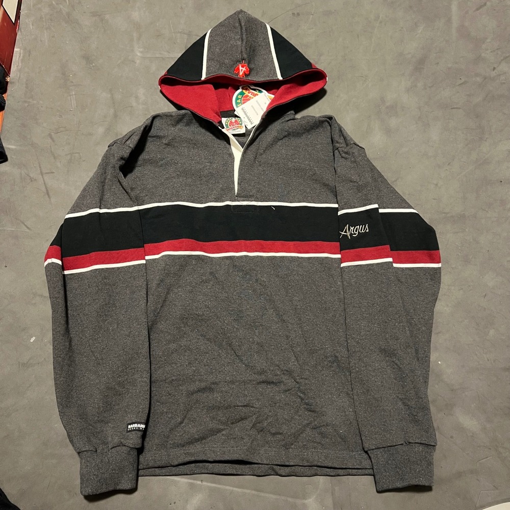 Vintage Barbarian Rugby Hoodie Mens XL Grey Striped‎ Argus Hooded Shirt